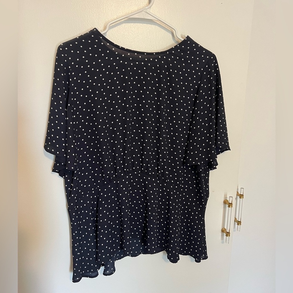 Loft Large Navy and White Peplum Polka Dot Top